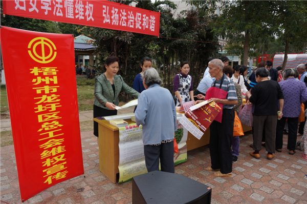 龍圩區(qū)總工會在2015年3月開展迎“三八”婦女維權月普法活動，以“婦女法治懂維權，頌揚法治促和諧”為指導思想，開展了以“